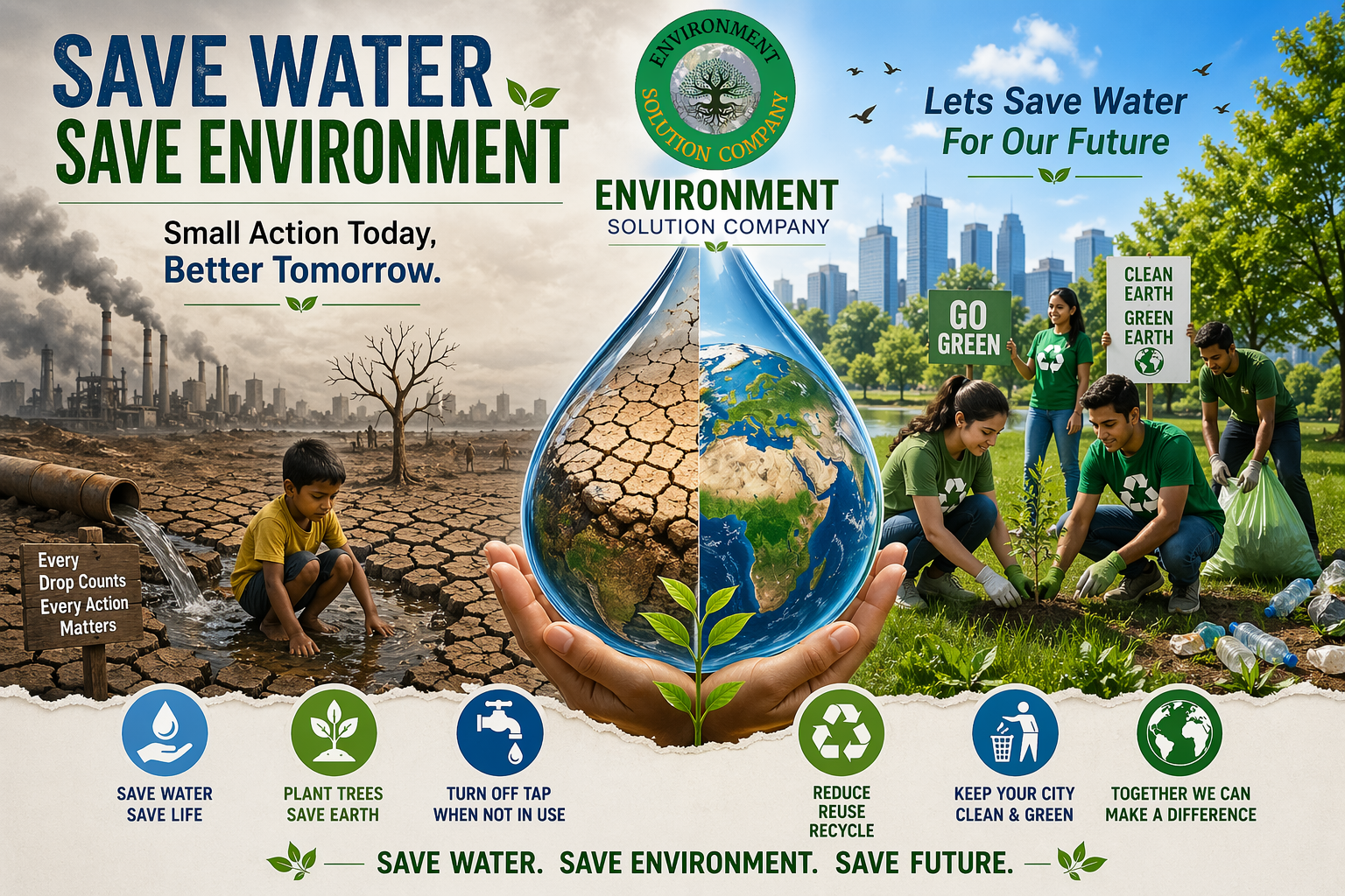 Environment Solution Company logo and slogans like "Small Action Today, Better Tomorrow."