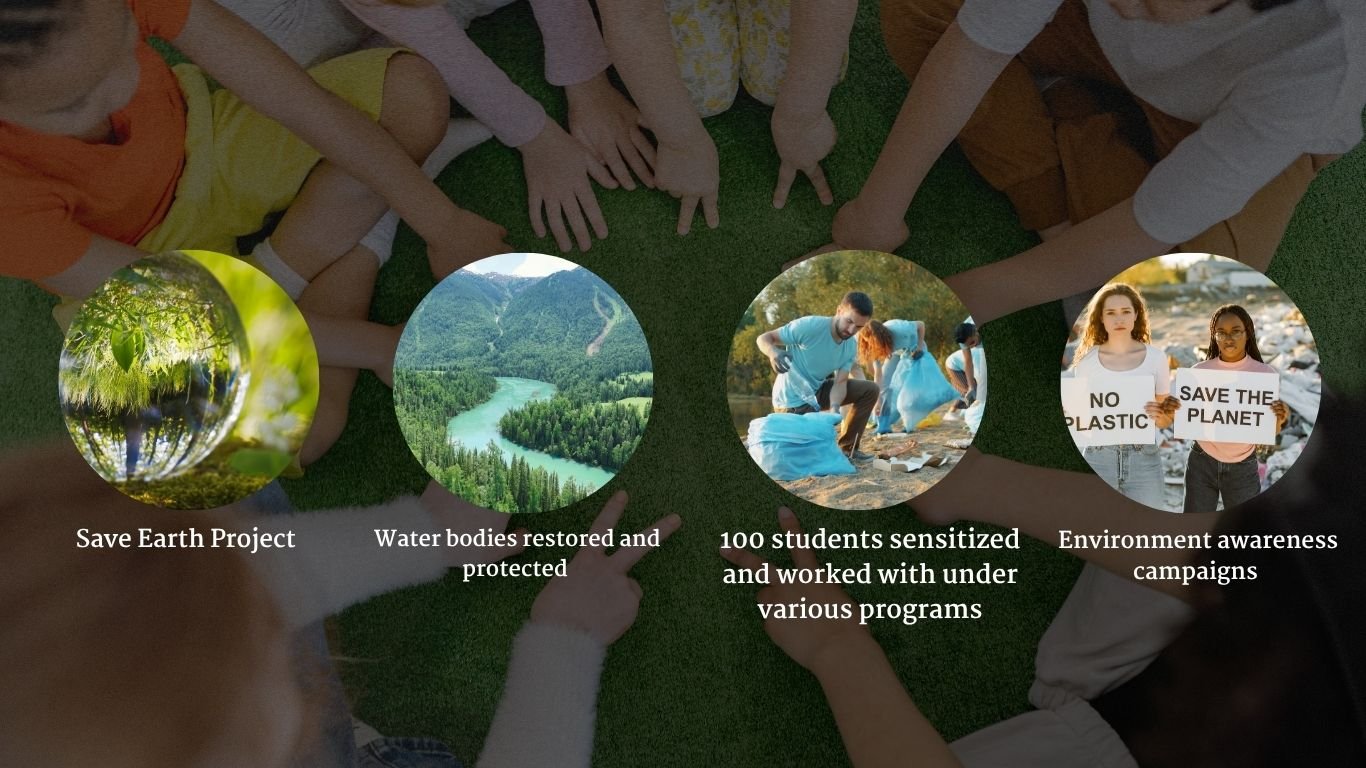 An informational graphic titled "Save Earth Project" showing a group of people standing in a circle over green grass