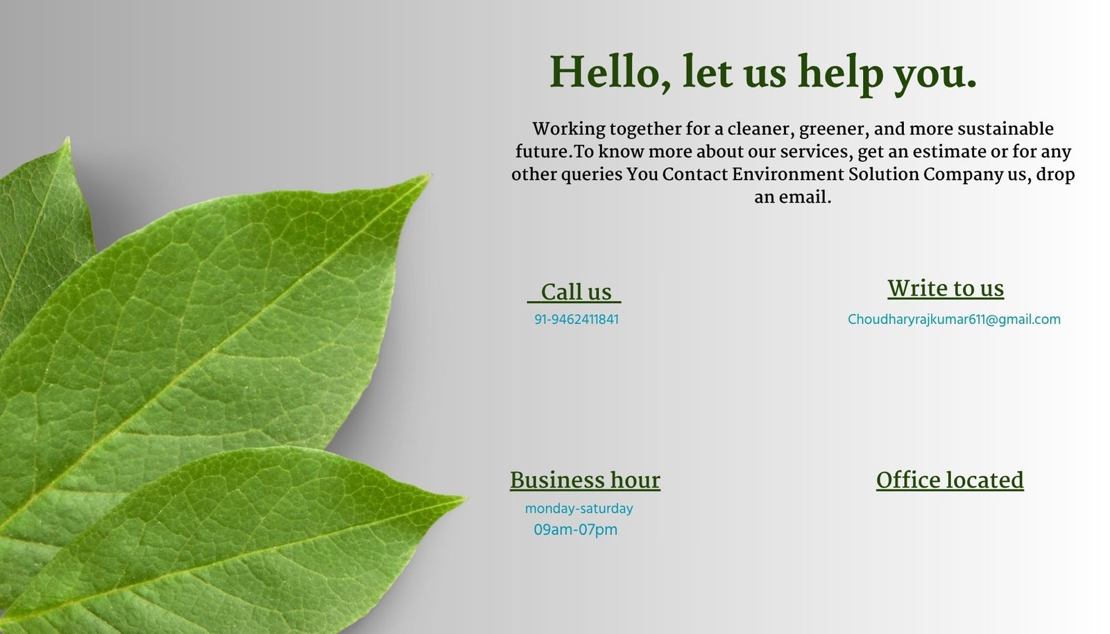 Environment Solution Company contact page with eco-friendly design and green leaf background