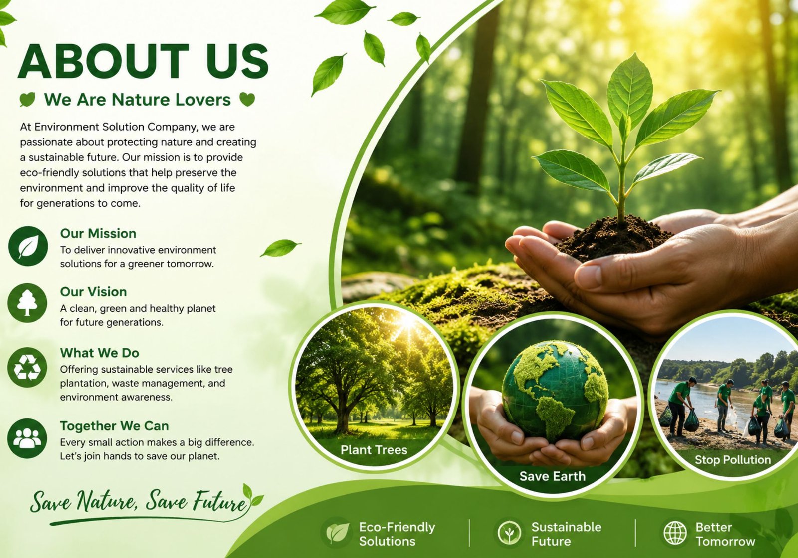 Environment Solution Company about us page showing tree plantation, save earth mission, eco-friendly solutions,